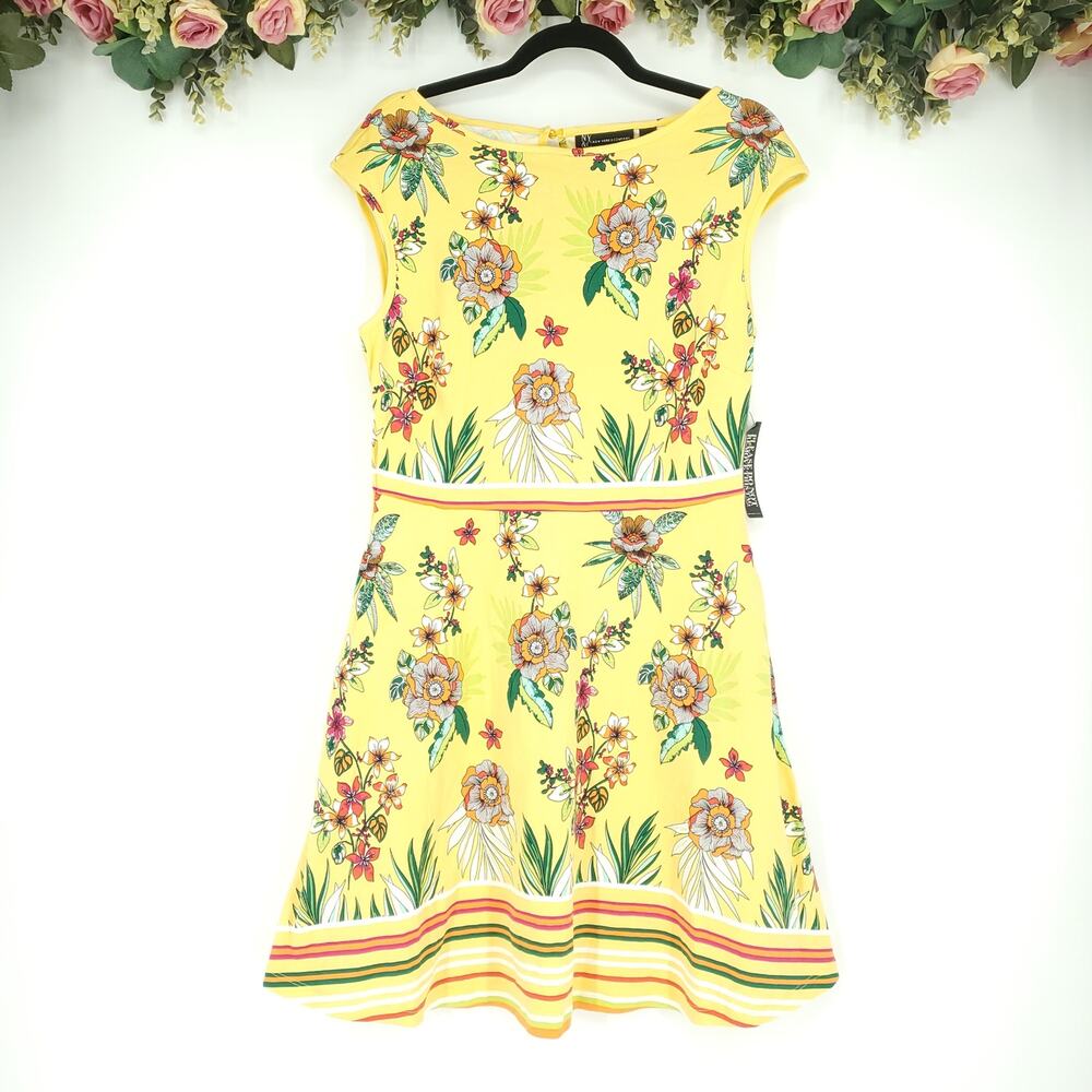 New York & Company Yellow Floral and Stripe Sleeveless Dress Size Large NWT